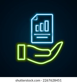 Glowing neon line Contract in hand icon isolated on black background. Insurance concept. Security, safety, protection, protect concept. Colorful outline concept. Vector