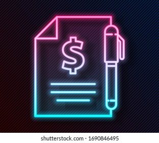 Glowing neon line Contract money and pen icon isolated on black background. Banking document dollar file finance money page.  Vector Illustration