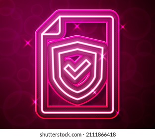Glowing neon line Contract with shield icon isolated on red background. Insurance concept. Security, safety, protection, protect concept.  Vector