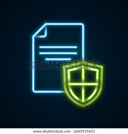 Glowing neon line Contract with shield icon isolated on black background. Insurance concept. Security, safety, protection, protect concept. Colorful outline concept. Vector
