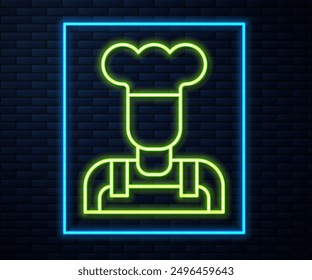 Glowing neon line Cook icon isolated on brick wall background. Chef symbol.  Vector