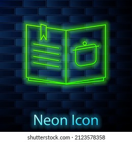 Glowing neon line Cookbook icon isolated on brick wall background. Cooking book icon. Recipe book. Fork and knife icons. Cutlery symbol.  Vector Illustration