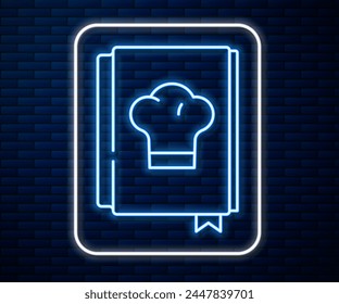 Glowing neon line Cookbook icon isolated on brick wall background. Cooking book icon. Recipe book. Fork and knife icons. Cutlery symbol.  Vector