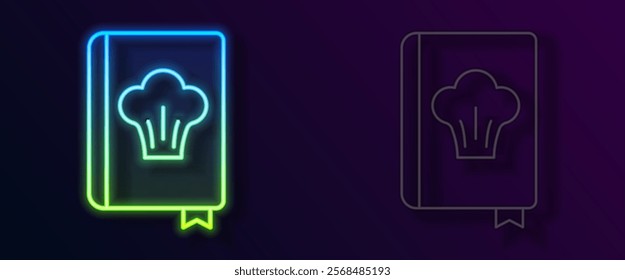 Glowing neon line Cookbook icon isolated on black background. Cooking book icon. Recipe book. Fork and knife icons. Cutlery symbol.  Vector