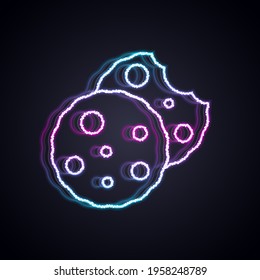 Glowing neon line Cookie or biscuit with chocolate icon isolated on black background.  Vector