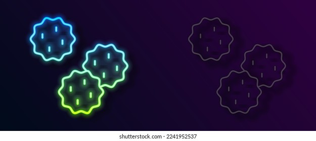 Glowing neon line Cookie or biscuit with chocolate icon isolated on black background.  Vector