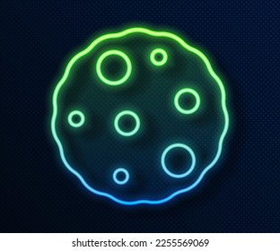 Glowing neon line Cookie or biscuit with chocolate icon isolated on blue background.  Vector