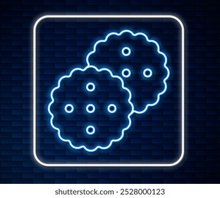 Glowing neon line Cookie or biscuit with chocolate icon isolated on brick wall background.  Vector