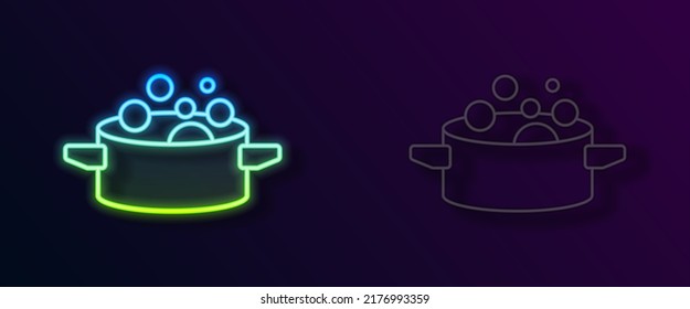 Glowing neon line Cooking pot icon isolated on black background. Boil or stew food symbol.  Vector