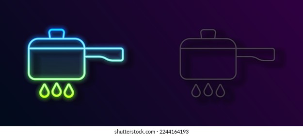 Glowing neon line Cooking pot on fire icon isolated on black background. Boil or stew food symbol.  Vector