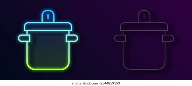 Glühende Neonzeile Kochtopf-Symbol einzeln auf schwarzem Hintergrund. Symbol für kochendes oder eintopfendes Essen.  Vektorgrafik