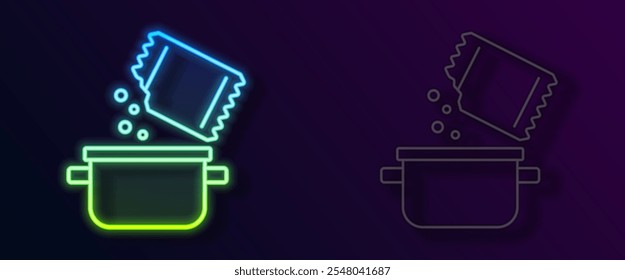 Glühende Neon-Linie Kochtopf und Gewürzsymbol einzeln auf schwarzem Hintergrund. Symbol für kochendes oder eintopfendes Essen.  Vektorgrafik