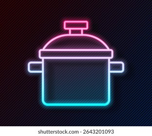 Glowing neon line Cooking pot icon isolated on black background. Boil or stew food symbol.  Vector