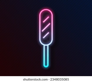 Glowing neon line Corn dog icon isolated on black background. Traditional american fast food.  Vector Illustration