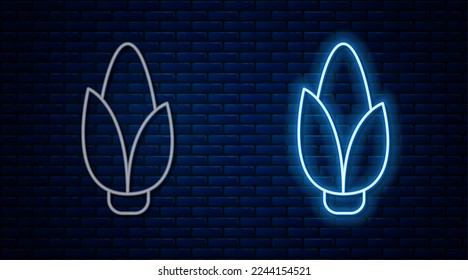 Glowing neon line Corn icon isolated on brick wall background.  Vector