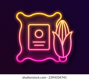 Glowing neon line Corn in the sack icon isolated on black background. Corn in a canvas bag. Farmers market.  Vector Illustration