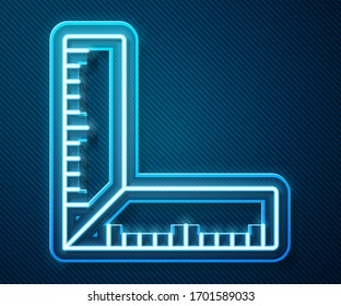 Glowing neon line Corner ruler icon isolated on blue background. Setsquare, angle ruler, carpentry, measuring utensil, scale.  Vector Illustration