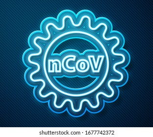 Glowing neon line Corona virus 2019-nCoV icon isolated on blue background. Bacteria and germs, cell cancer, microbe, fungi.  Vector Illustration