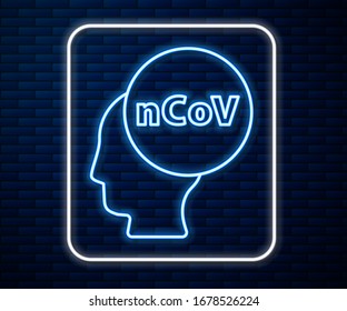 Glowing neon line Corona virus 2019-nCoV icon isolated on brick wall background. Bacteria and germs, cell cancer, microbe, fungi.  Vector Illustration