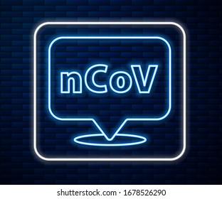 Glowing neon line Corona virus 2019-nCoV on location icon isolated on brick wall background. Bacteria and germs, cell cancer, microbe, fungi.  Vector Illustration