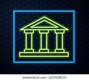 Glowing neon line Courthouse building icon isolated on brick wall background. Building bank or museum.  Vector