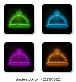 Glowing neon line Covered with a tray of food icon isolated on white background. Tray and lid. Restaurant cloche with lid. Kitchenware symbol. Black square button. Vector