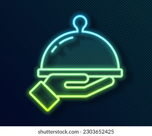 Glowing neon line Covered with a tray of food icon isolated on black background. Tray and lid sign. Restaurant cloche with lid.  Vector