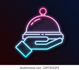 Glowing neon line Covered with a tray of food icon isolated on black background. Tray and lid sign. Restaurant cloche with lid.  Vector Illustration