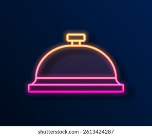 Glowing neon line Covered with a tray of food icon isolated on black background. Tray and lid sign. Restaurant cloche with lid.  Vector