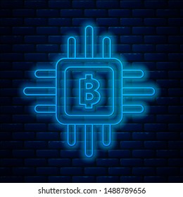 Glowing neon line CPU mining farm icon isolated on brick wall background. Bitcoin sign inside processor. Cryptocurrency mining community. Digital money.  Vector Illustration