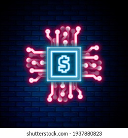 Glowing neon line CPU mining farm icon isolated on brick wall background. Bitcoin sign inside processor. Cryptocurrency mining community. Digital money. Colorful outline concept. Vector