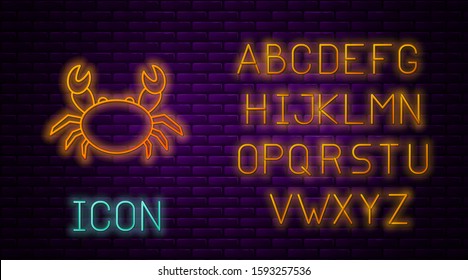 Glowing neon line Crab icon isolated on brick wall background. Neon light alphabet. Vector Illustration