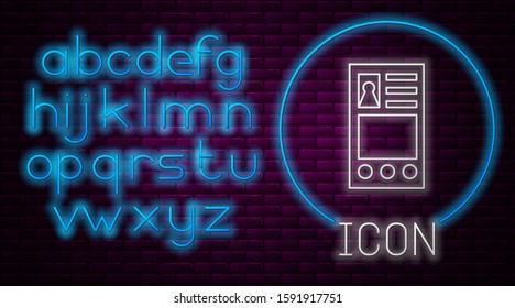 Glowing neon line Create account screen icon isolated on brick wall background. Neon light alphabet. Vector Illustration