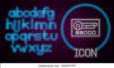 Glowing neon line Create account screen icon isolated on brick wall background. Neon light alphabet. Vector Illustration
