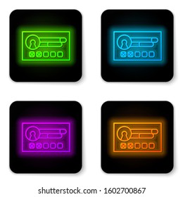 Glowing neon line Create account screen icon isolated on white background. Black square button. Vector Illustration
