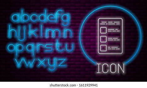 Glowing neon line Create account screen on mobile phone icon isolated on brick wall background. Neon light alphabet. Vector Illustration
