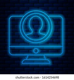 Glowing neon line Create account screen icon isolated on brick wall background.  Vector Illustration