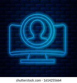 Glowing neon line Create account screen icon isolated on brick wall background.  Vector Illustration