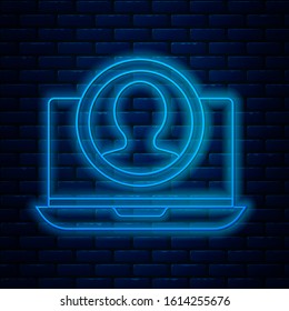 Glowing neon line Create account screen icon isolated on brick wall background.  Vector Illustration