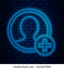 Glowing neon line Create account screen icon isolated on brick wall background.  Vector Illustration