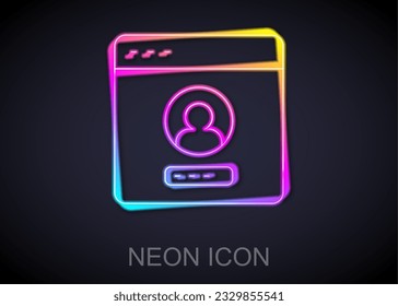Glowing neon line Create account screen icon isolated on black background.  Vector
