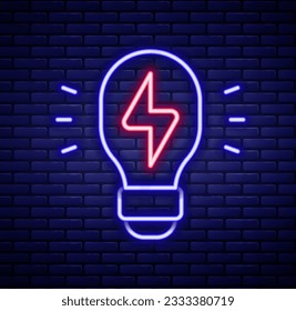 Glowing neon line Creative lamp light idea icon isolated on brick wall background. Concept ideas inspiration, invention, effective thinking, knowledge and education. Colorful outline concept. Vector