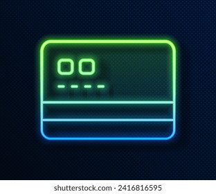 Glowing neon line Credit card icon isolated on blue background. Online payment. Cash withdrawal. Financial operations. Shopping sign.  Vector