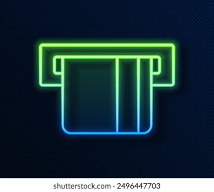 Glowing neon line Credit card inserted in card reader icon isolated on blue background. ATM cash machine.  Vector