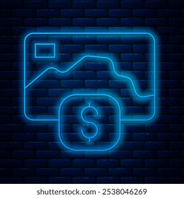 Glowing neon line Credit card icon isolated on brick wall background. Online payment. Cash withdrawal. Financial operations. Shopping sign.  Vector