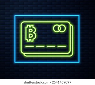 Línea de neón brillante Tarjeta de crédito con icono de bitcoin aislado en fondo de pared de ladrillo. Pago en línea. Retiro de efectivo. Moderno método de pago.  Vector