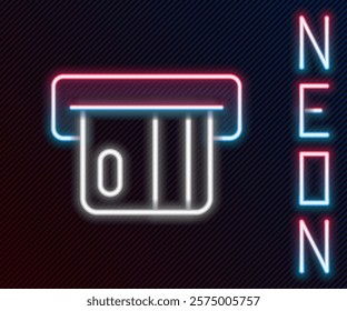 Glowing neon line Credit card inserted in card reader icon isolated on black background. ATM cash machine. Colorful outline concept. Vector