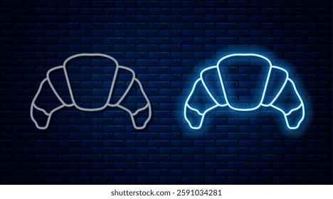 Glowing neon line Croissant icon isolated on brick wall background.  Vector