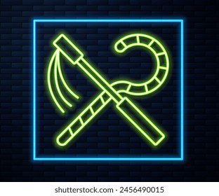 Glowing neon line Crook and flail icon isolated on brick wall background. Ancient Egypt symbol. Scepters of egypt.  Vector