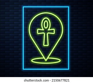 Glowing neon line Cross ankh icon isolated on brick wall background. Egyptian word for life or symbol of immortality.  Vector